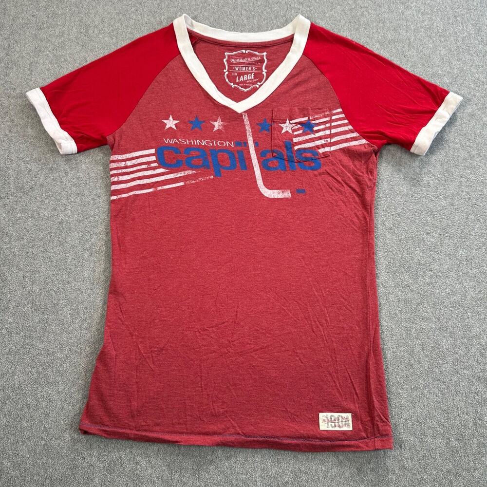 Washington Capitals Mitchell & Ness Tee Shirt Women's LG V-Neck Distressed Retro